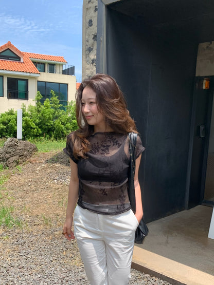 see-through flower blouse / 2color
