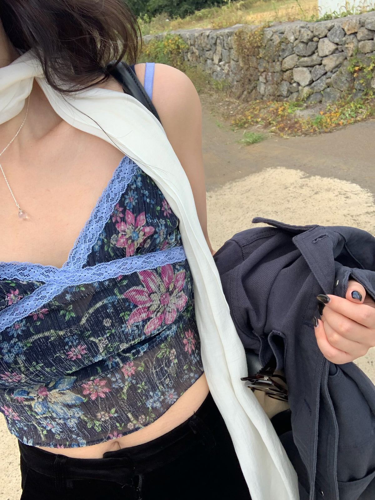 see-through flower pleats top / 2color