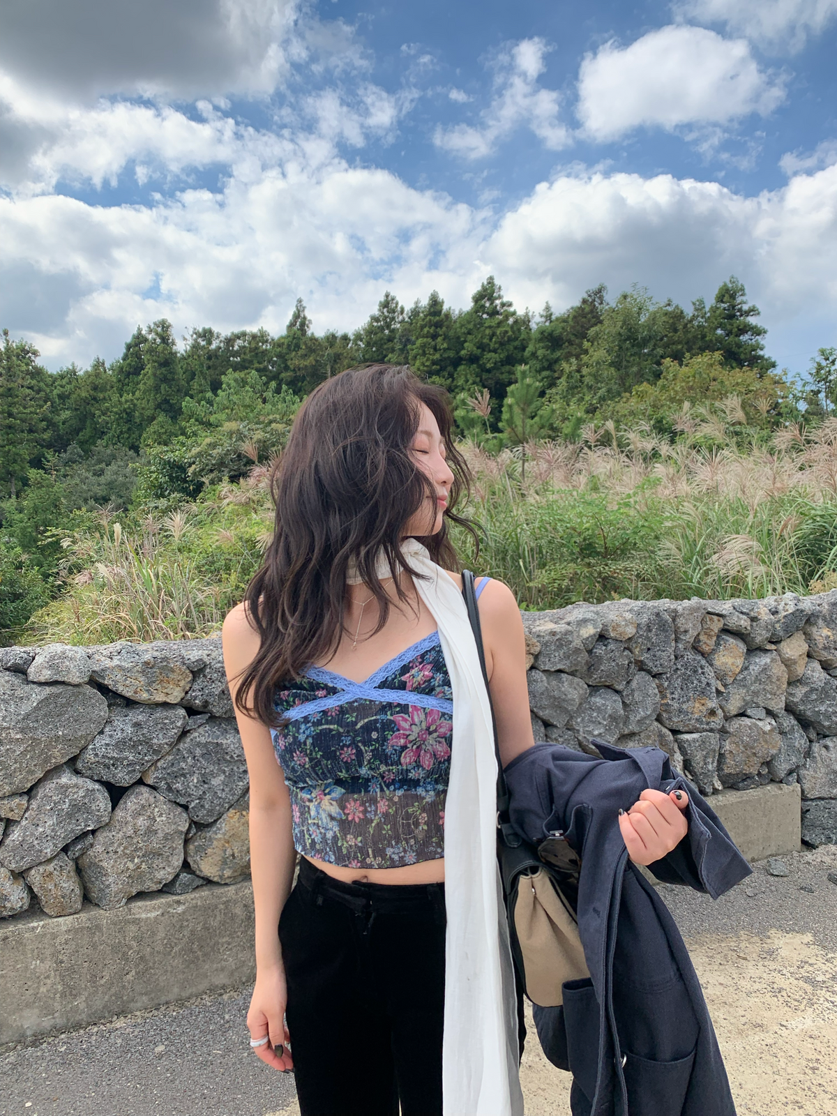 see-through flower pleats top / 2color