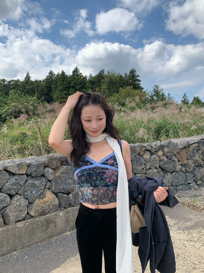 see-through flower pleats top / 2color