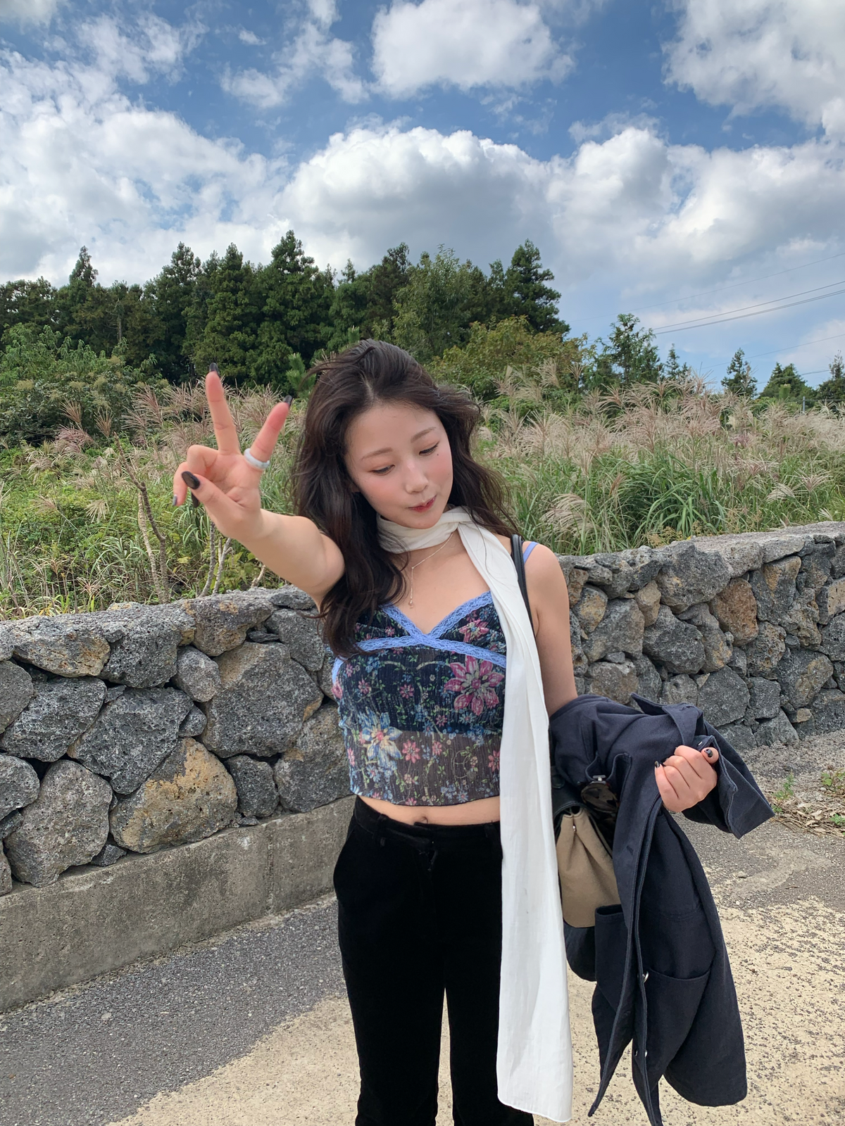 see-through flower pleats top / 2color