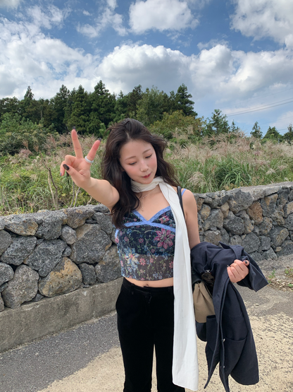 see-through flower pleats top / 2color